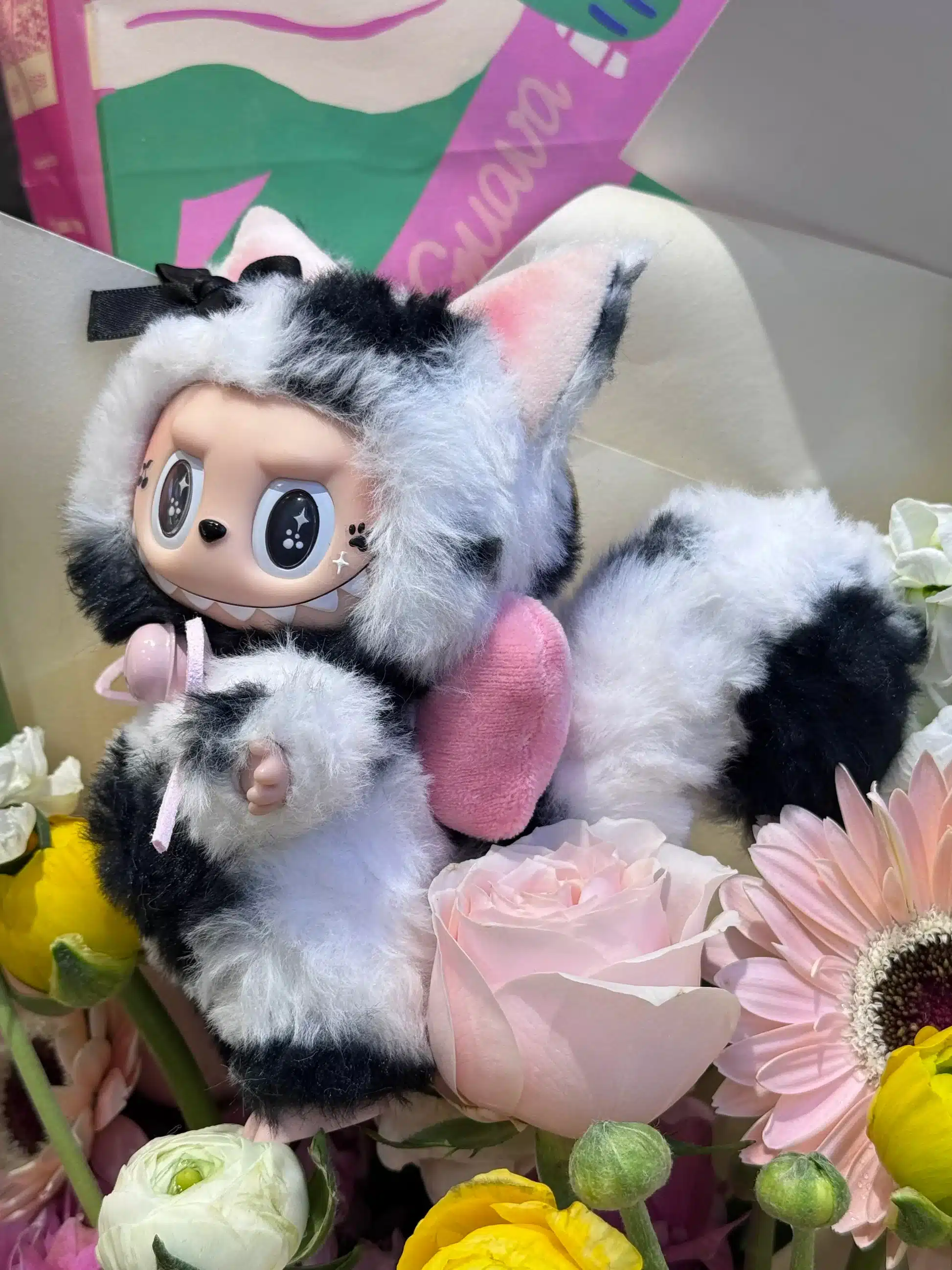 Black & White Kitty Bow Labubu – Handmade Custom Plush Toy from Authentic V1V2 Doll (1)
