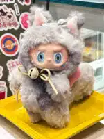 Cute Grey Big Tail Labubu Plush with Pink Bow & Yellow Bell – Artist Custom Redesigned Doll Toy (1)