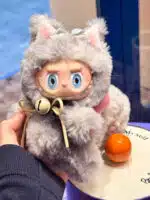 Cute Grey Big Tail Labubu Plush with Pink Bow & Yellow Bell – Artist Custom Redesigned Doll Toy (2)