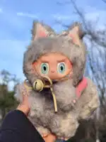 Cute Grey Big Tail Labubu Plush with Pink Bow & Yellow Bell – Artist Custom Redesigned Doll Toy (3)