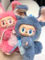 Cute Labubu Plush – Blue & Pink Bell Necklace Handmade Artist Custom from Authentic V1V2 Doll (2)