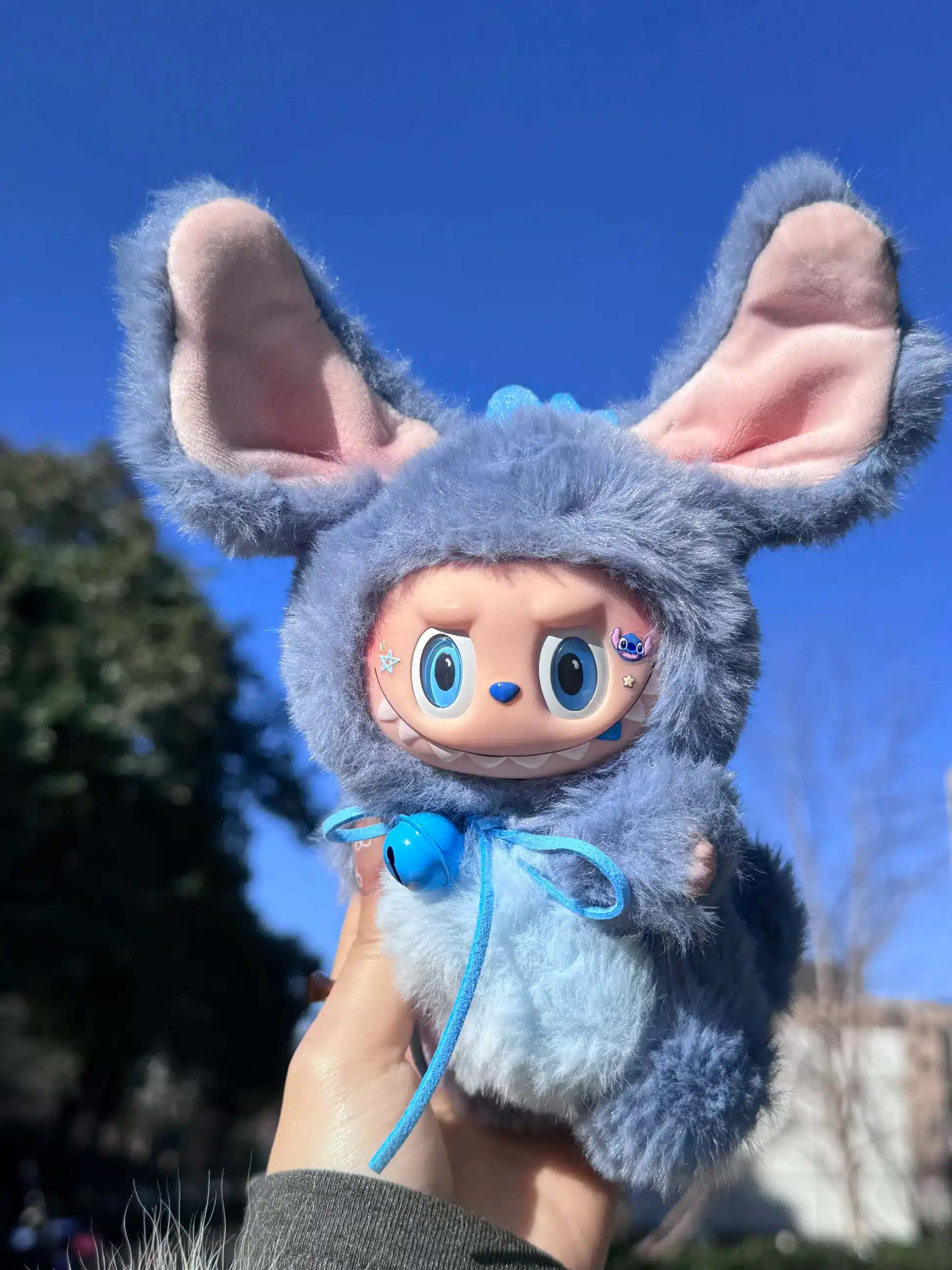 Cute Labubu Plush – Blue & Pink Bell Necklace Handmade Artist Custom from Authentic V1V2 Doll (6)