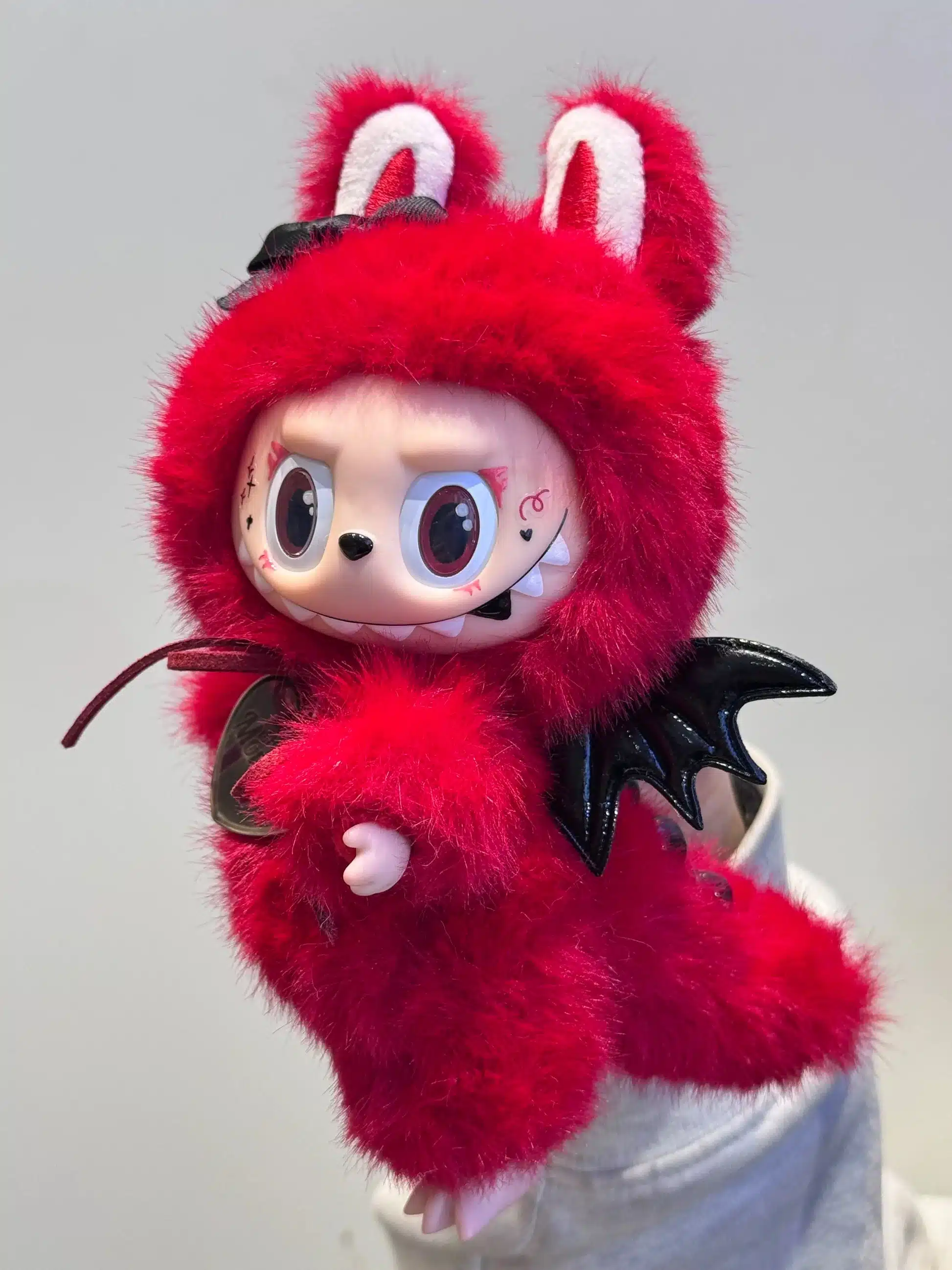Fiery Red Labubu Plush with Black Wings – Handmade Custom Collectible from Authentic V1V2 Doll (1)