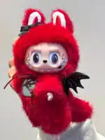 Fiery Red Labubu Plush with Black Wings – Handmade Custom Collectible from Authentic V1V2 Doll (3)