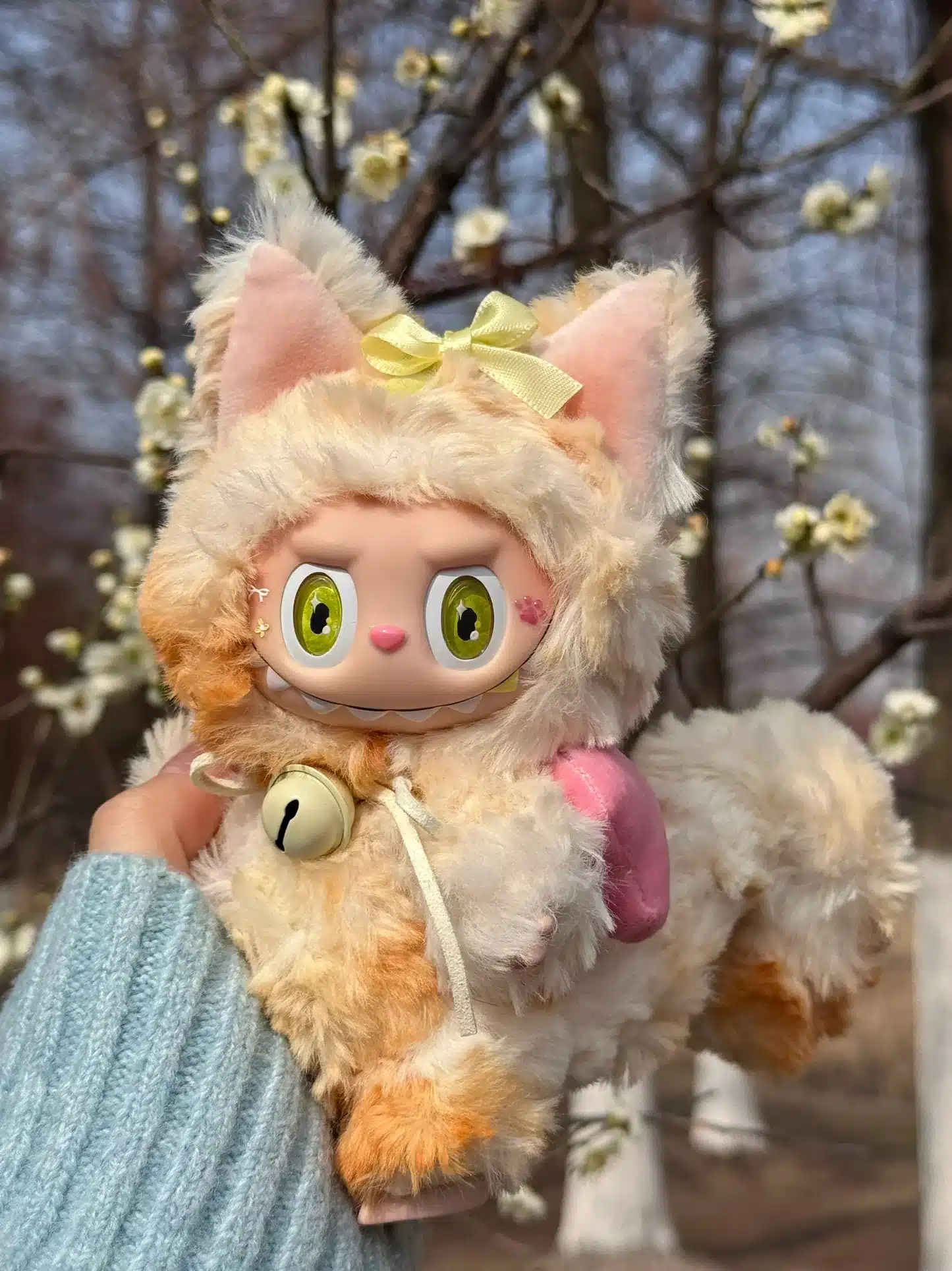 Golden Tail Labubu Custom Plush – Handmade Artist Doll with Yellow Bell Bow Redesigned from Authentic V1V2 (1)
