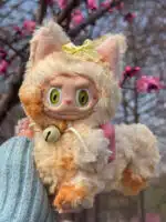 Golden Tail Labubu Custom Plush – Handmade Artist Doll with Yellow Bell Bow Redesigned from Authentic V1V2 (2)