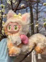 Golden Tail Labubu Custom Plush – Handmade Artist Doll with Yellow Bell Bow Redesigned from Authentic V1V2 (3)