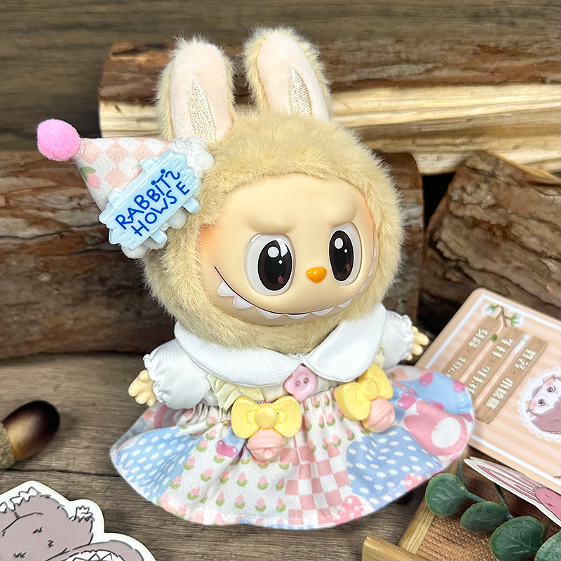 Ice Cream Birthday Outfit for Labubu – 3 Piece Dress Set for 17cm Dolls (Hat + Top + Suspender Skirt)