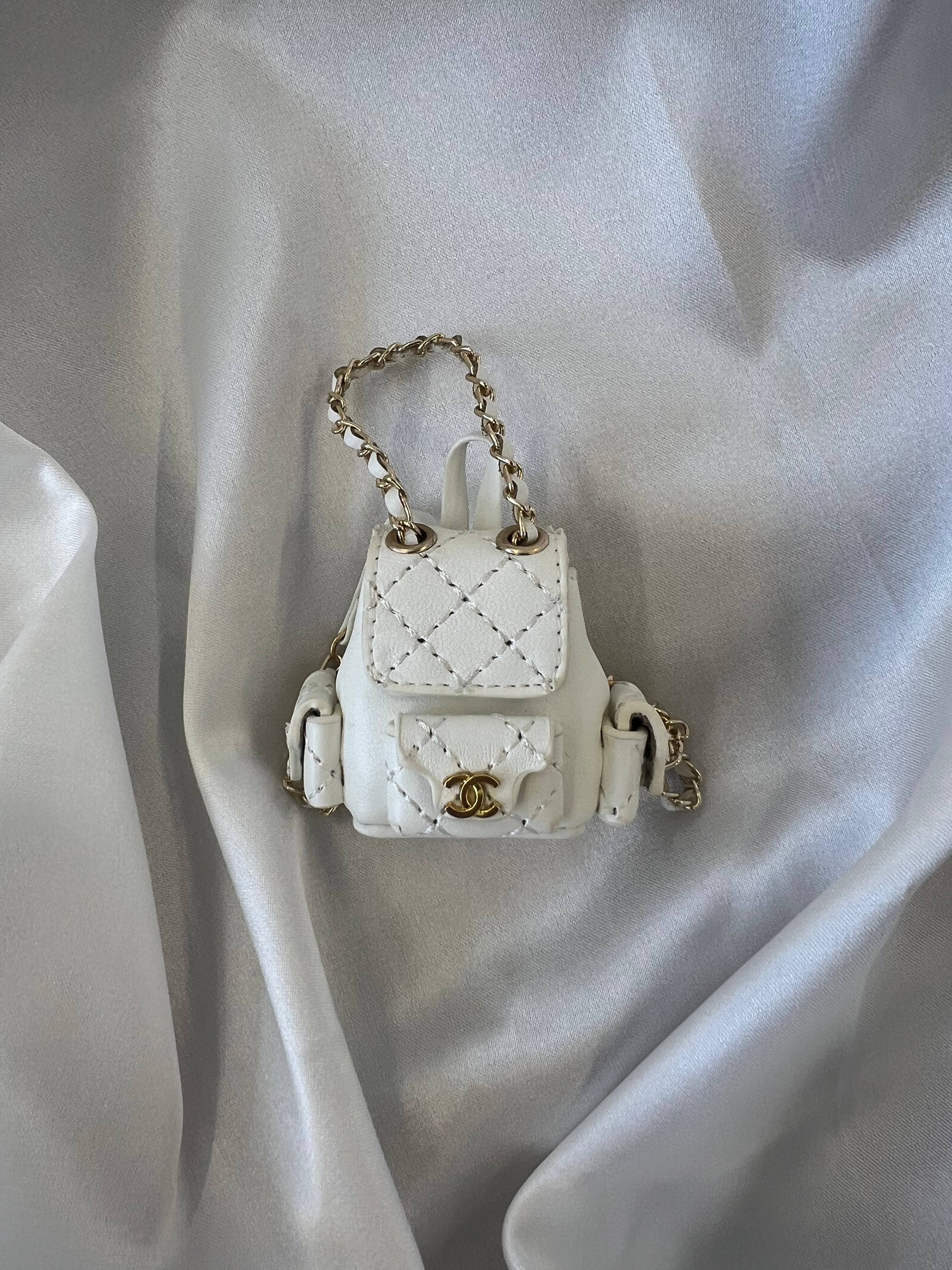Labubu Miniature Luxury Backpack – White Quilted with Gold Accents