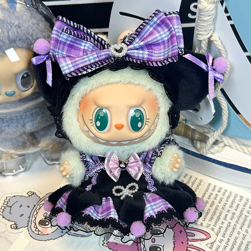 Kuromi Inspired Outfit for Labubu – 2 Piece Dress Set for 17cm Dolls (Headband + Suspender Skirt)