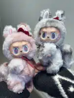 LABUBU Custom Plush Toy – Rose Pink & Silver Gray Handmade Redesign from Authentic V1 Macaron Series (1)