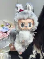 LABUBU Custom Plush Toy – Rose Pink & Silver Gray Handmade Redesign from Authentic V1 Macaron Series (3)