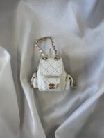 Labubu Miniature Luxury Backpack – White Quilted with Gold Accents