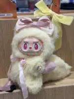 Light Yellow Big Tail Labubu – Artist Custom Plush Toy with Pink Headscarf Handmade from Authentic V1 Macaron Series (1)