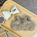 MIUMIU Inspired Khaki Outfit for Labubu – 2 Piece Set for 17cm Dolls (Hair Accessory + Romper) (1)