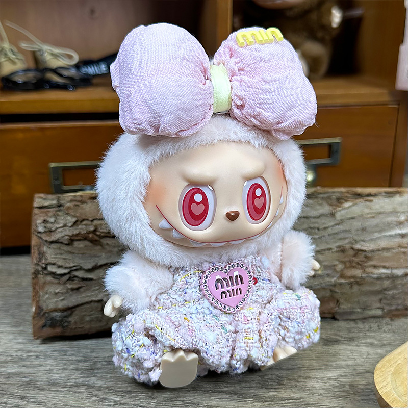 MIUMIU Inspired Pink Outfit for Labubu – 2 Piece Set for 17cm Dolls (Hair Accessory + Romper)