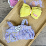 MIUMIU Inspired Purple Outfit for Labubu – 2 Piece Set for 17cm Dolls (Hair Accessory + Romper) 2