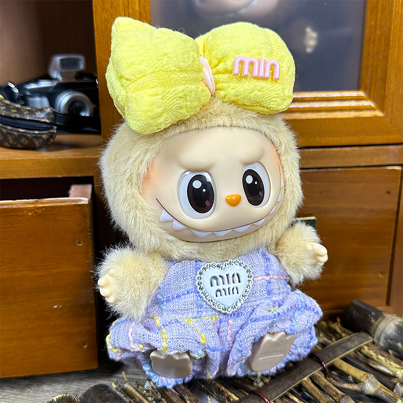 MIUMIU Inspired Purple Outfit for Labubu – 2 Piece Set for 17cm Dolls (Hair Accessory + Romper)