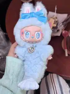 Mermaid Labubu Custom Plush – Blue & Pink Artist Redesign from Authentic V1V2 Doll with Sparkle Eyes & Heart Gem (2)