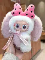 Pink Bunny Big Ears Labubu – Custom Artist Plush Toy with Pink Polka Dot Bow Handmade from Authentic V1V2 Doll (6)