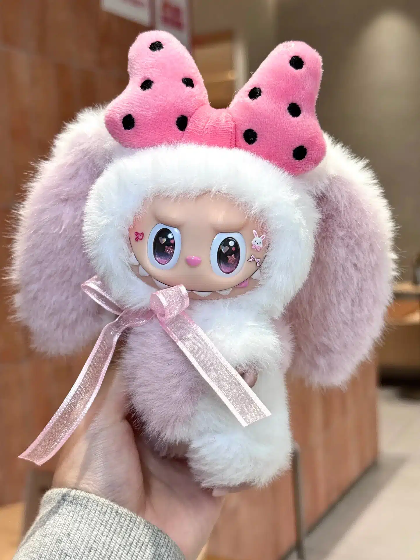 Pink Bunny Big Ears Labubu – Custom Artist Plush Toy with Pink Polka Dot Bow Handmade from Authentic V1V2 Doll (6)